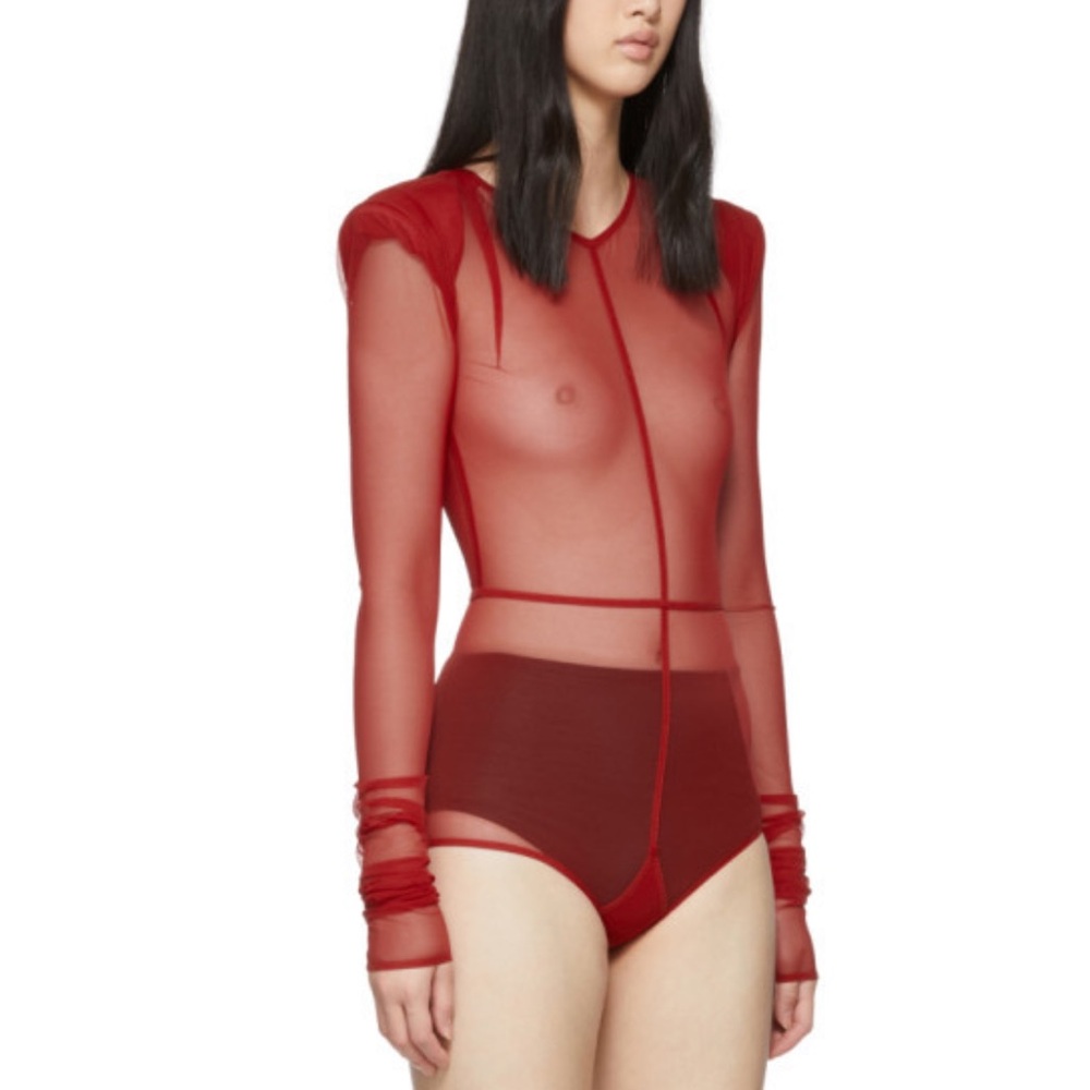 Ann Demeulemeester x La Fille do collab shoulder pad red sheer bodysuit